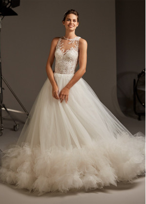 Ivory Lace Tulle Ruffle Illusion Back Wedding Dress